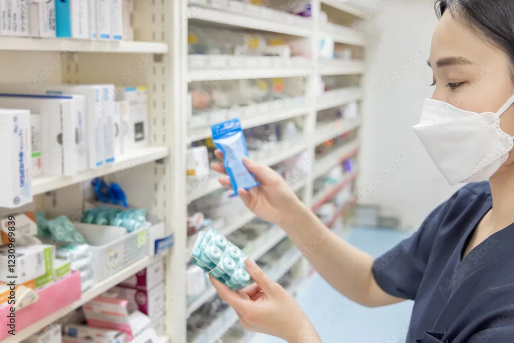 薬局で医薬品を確認する様子